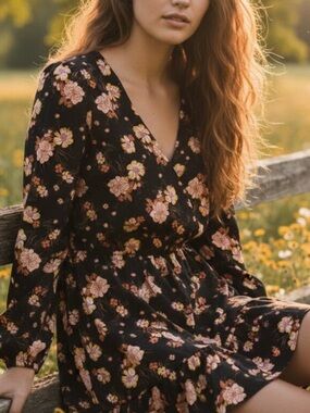 Floral Wrap-Style Long Sleeve Dress - Black with Pink & Yellow Flowers